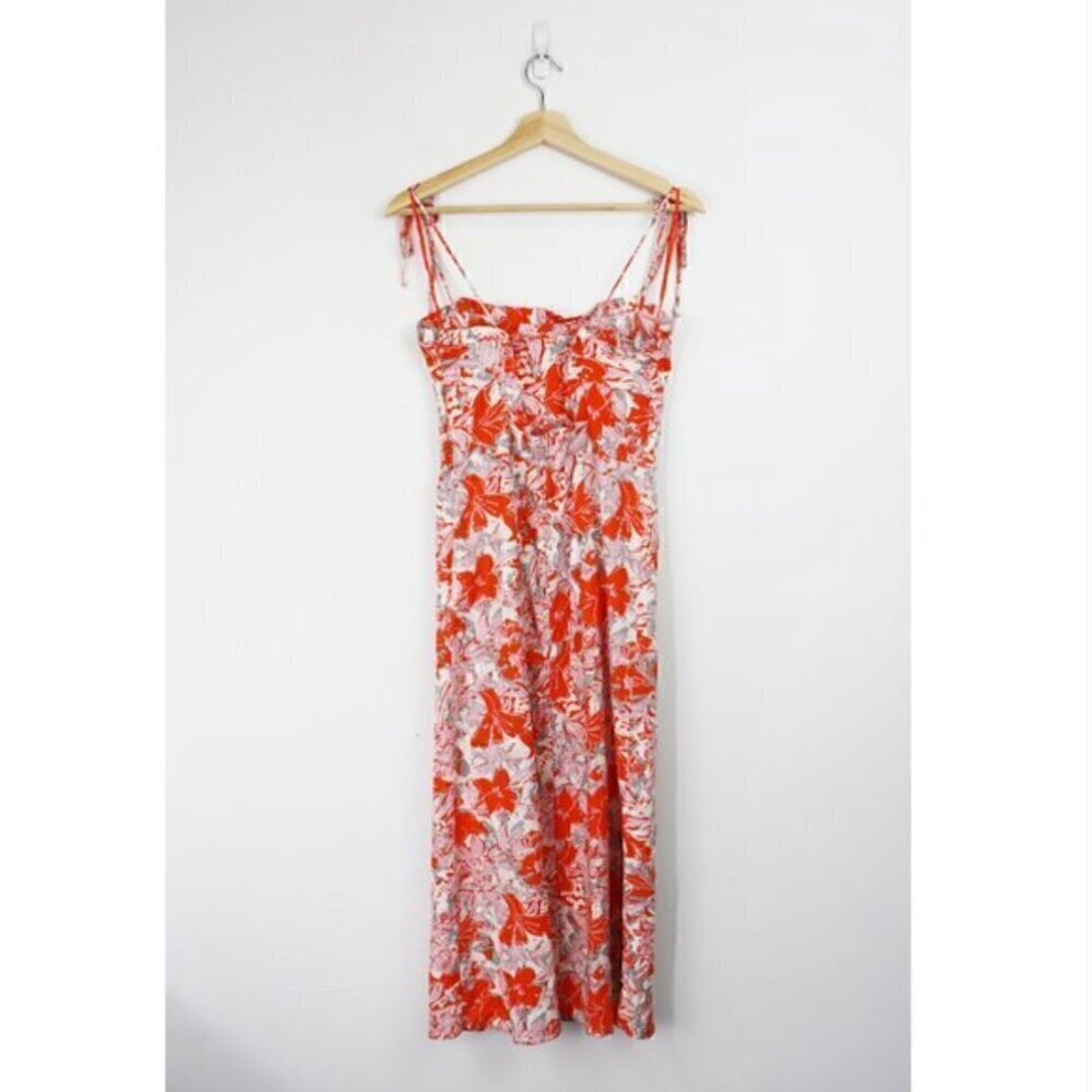 Free People Dress 8 NWOT Beach Party Shoulder Midi Linen Orange Floral Summer - Picture 3 of 12